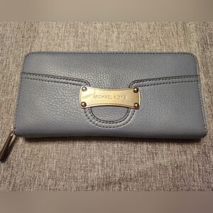 Michael Kors Large Continental Zip Wallet- Sky Blue W/Silver Accents